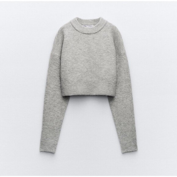 NEW Zara Light Gray Knit Cropped Wool Blend Pullover Crew Neck Sweater Medium - Picture 1 of 5